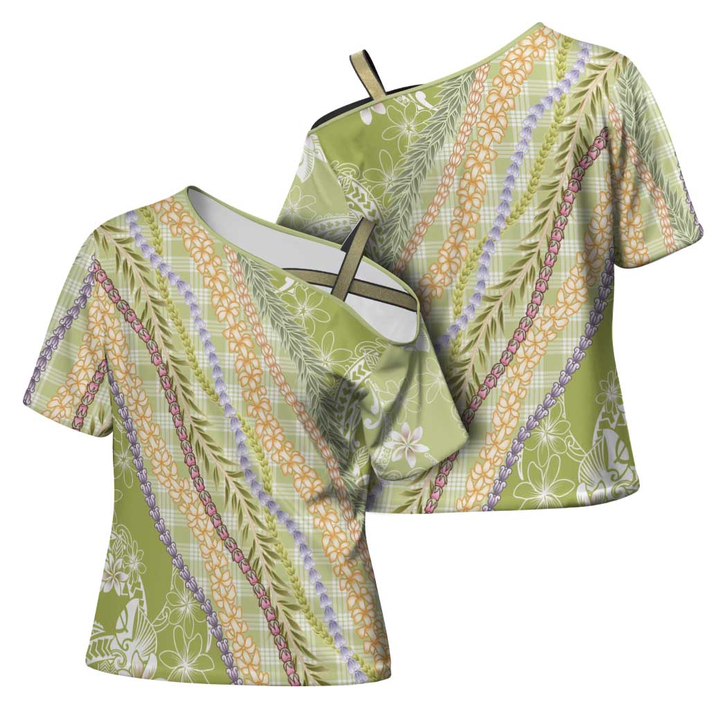 Green Palaka Hawaii Leis Cross Shoulder Shirt Hawaiian-plaid Elegant Tropical Vibes - Polynesian Pride