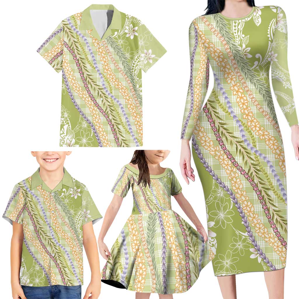 Green Palaka Hawaii Leis Family Matching Long Sleeve Bodycon Dress and Hawaiian Shirt Hawaiian-plaid Elegant Tropical Vibes - Polynesian Pride