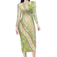 Green Palaka Hawaii Leis Family Matching Long Sleeve Bodycon Dress and Hawaiian Shirt Hawaiian-plaid Elegant Tropical Vibes LT14 Mom's Dress Green - Polynesian Pride