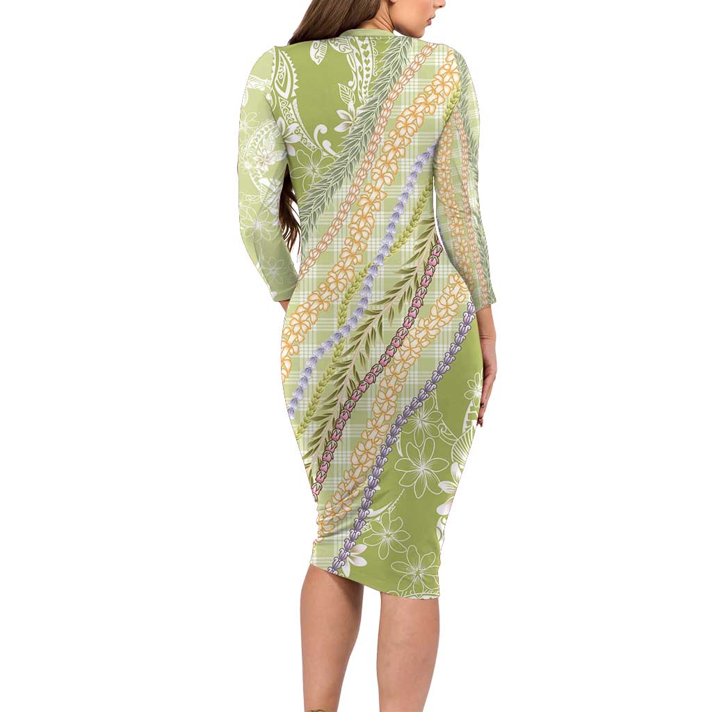 Green Palaka Hawaii Leis Family Matching Long Sleeve Bodycon Dress and Hawaiian Shirt Hawaiian-plaid Elegant Tropical Vibes LT14 - Polynesian Pride