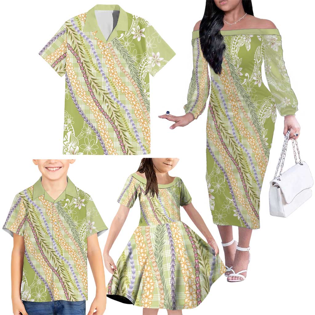 Green Palaka Hawaii Leis Family Matching Off The Shoulder Long Sleeve Dress and Hawaiian Shirt Hawaiian-plaid Elegant Tropical Vibes LT14 - Polynesian Pride