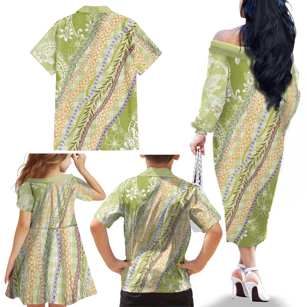 Green Palaka Hawaii Leis Family Matching Off The Shoulder Long Sleeve Dress and Hawaiian Shirt Hawaiian-plaid Elegant Tropical Vibes LT14 - Polynesian Pride