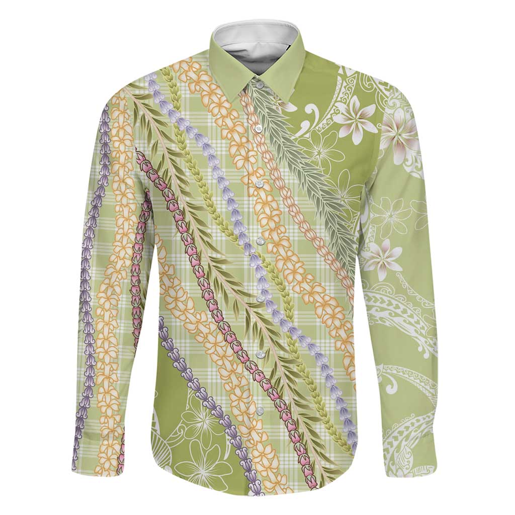 Green Palaka Hawaii Leis Family Matching Off The Shoulder Long Sleeve Dress and Hawaiian Shirt Hawaiian-plaid Elegant Tropical Vibes LT14 Dad's Shirt - Long Sleeve Green - Polynesian Pride