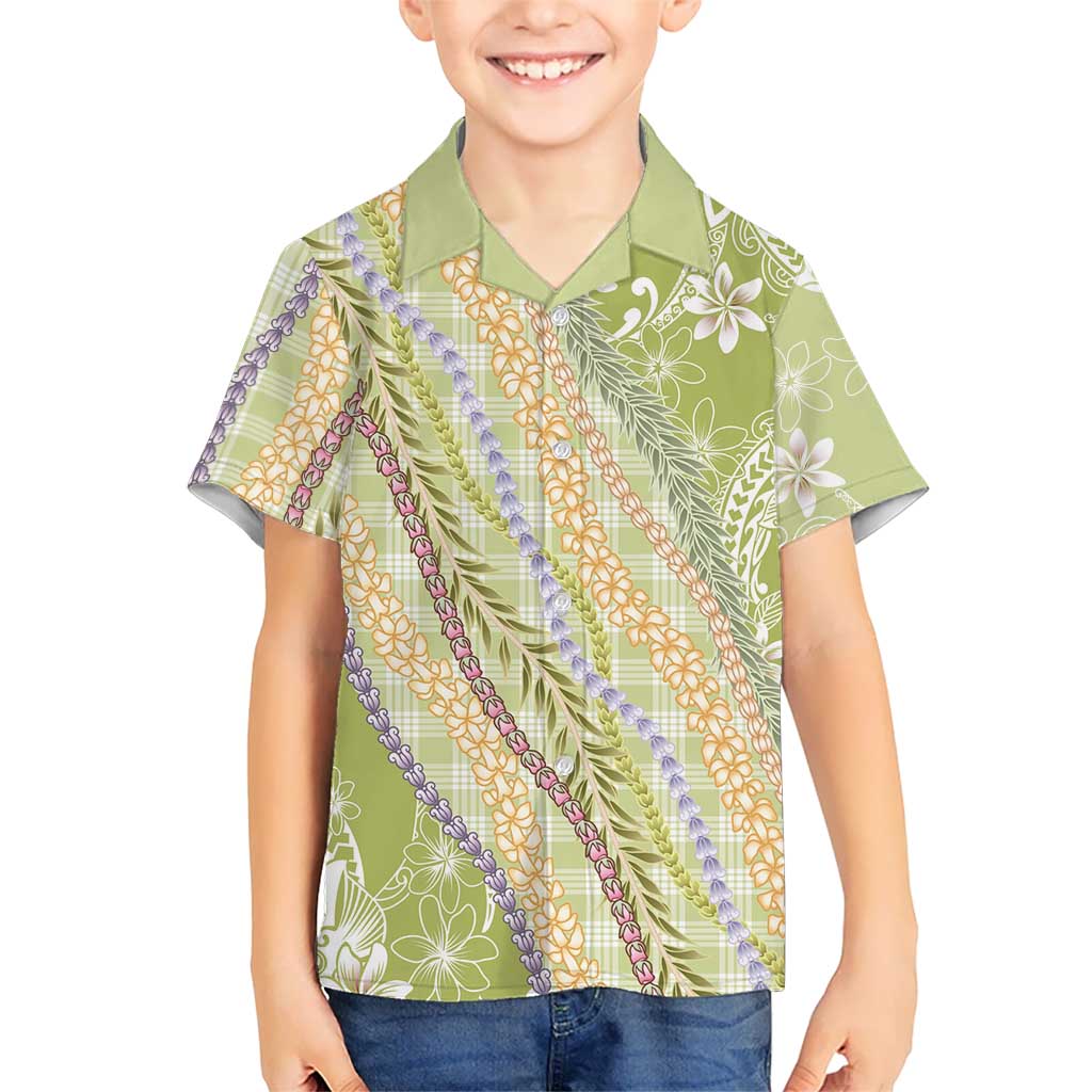 Green Palaka Hawaii Leis Family Matching Off Shoulder Maxi Dress and Hawaiian Shirt Hawaiian-plaid Elegant Tropical Vibes LT14 Son's Shirt Green - Polynesian Pride