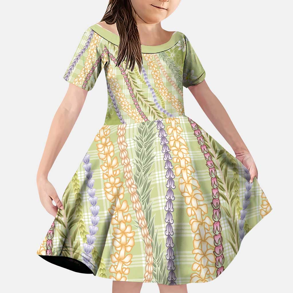 Green Palaka Hawaii Leis Family Matching Off Shoulder Short Dress and Hawaiian Shirt Hawaiian-plaid Elegant Tropical Vibes LT14 Daughter's Dress Green - Polynesian Pride