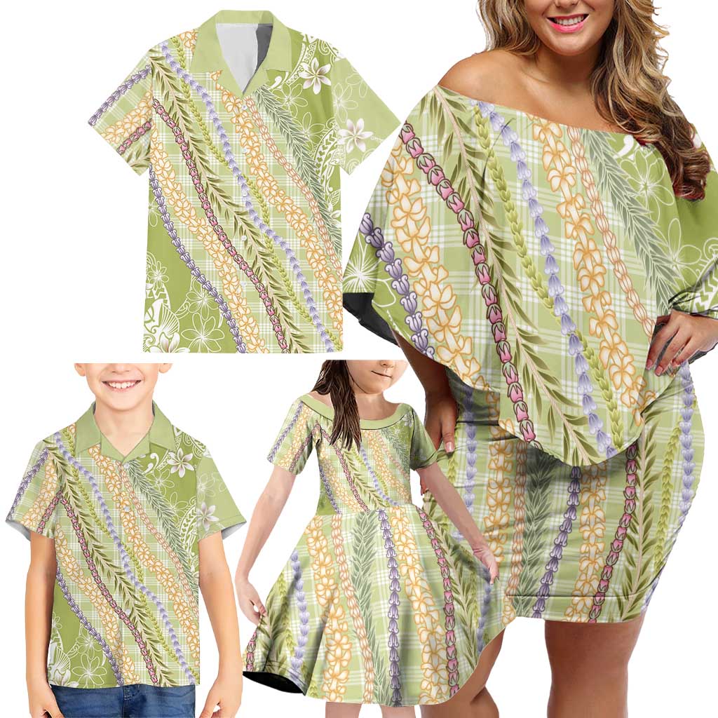 Green Palaka Hawaii Leis Family Matching Off Shoulder Short Dress and Hawaiian Shirt Hawaiian-plaid Elegant Tropical Vibes LT14 - Polynesian Pride