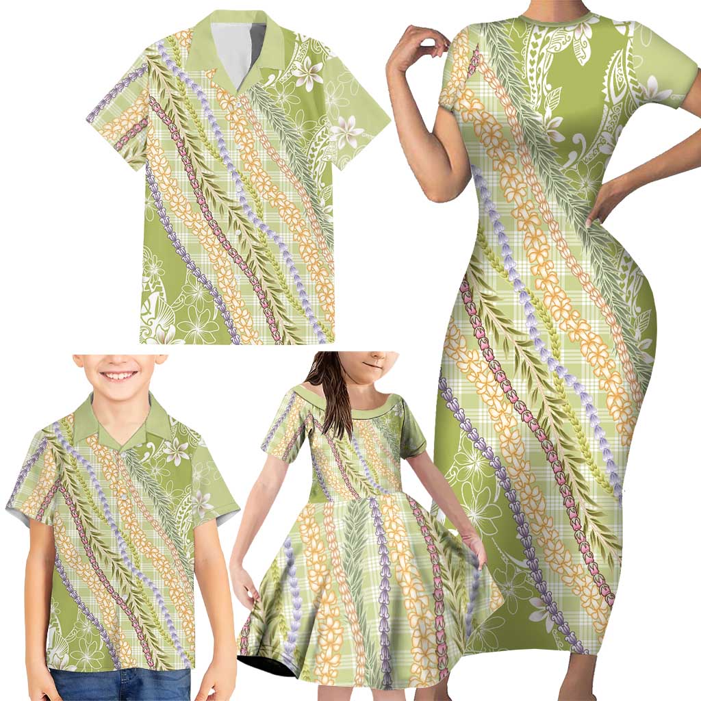 Green Palaka Hawaii Leis Family Matching Short Sleeve Bodycon Dress and Hawaiian Shirt Hawaiian-plaid Elegant Tropical Vibes - Polynesian Pride