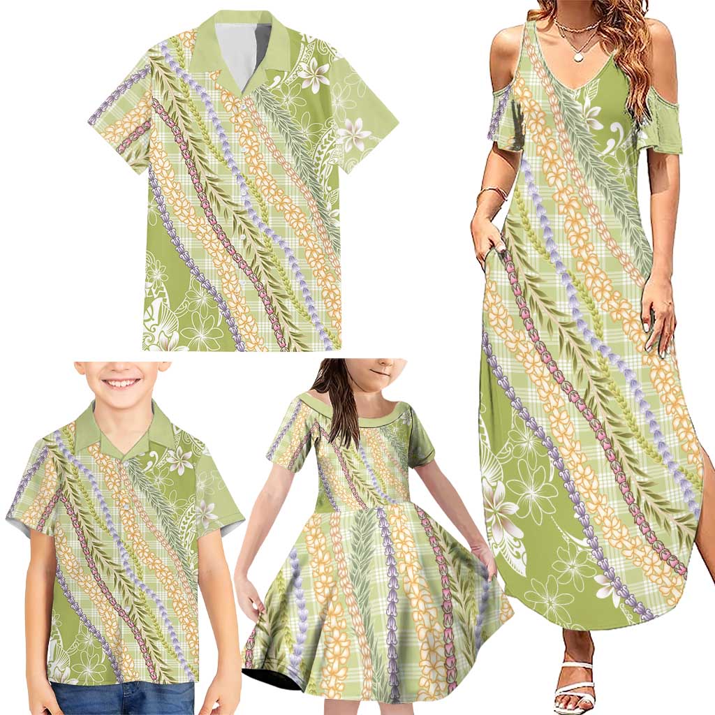 Green Palaka Hawaii Leis Family Matching Summer Maxi Dress and Hawaiian Shirt Hawaiian-plaid Elegant Tropical Vibes - Polynesian Pride