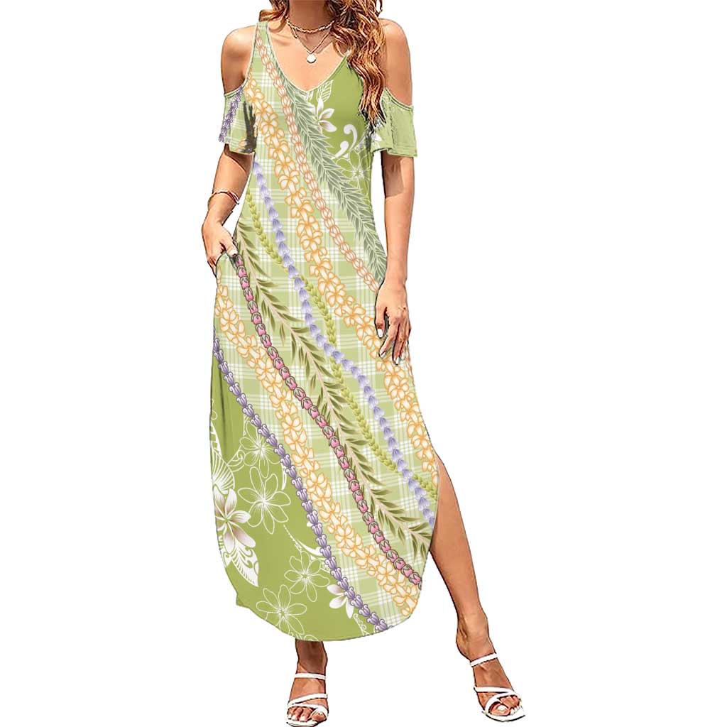 Green Palaka Hawaii Leis Family Matching Summer Maxi Dress and Hawaiian Shirt Hawaiian-plaid Elegant Tropical Vibes LT14 Mom's Dress Green - Polynesian Pride