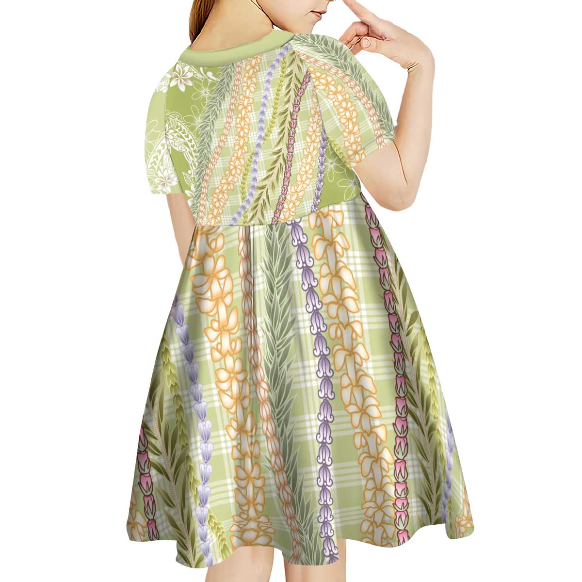 Green Palaka Hawaii Leis Kid Short Sleeve Dress Hawaiian-plaid Elegant Tropical Vibes - Polynesian Pride