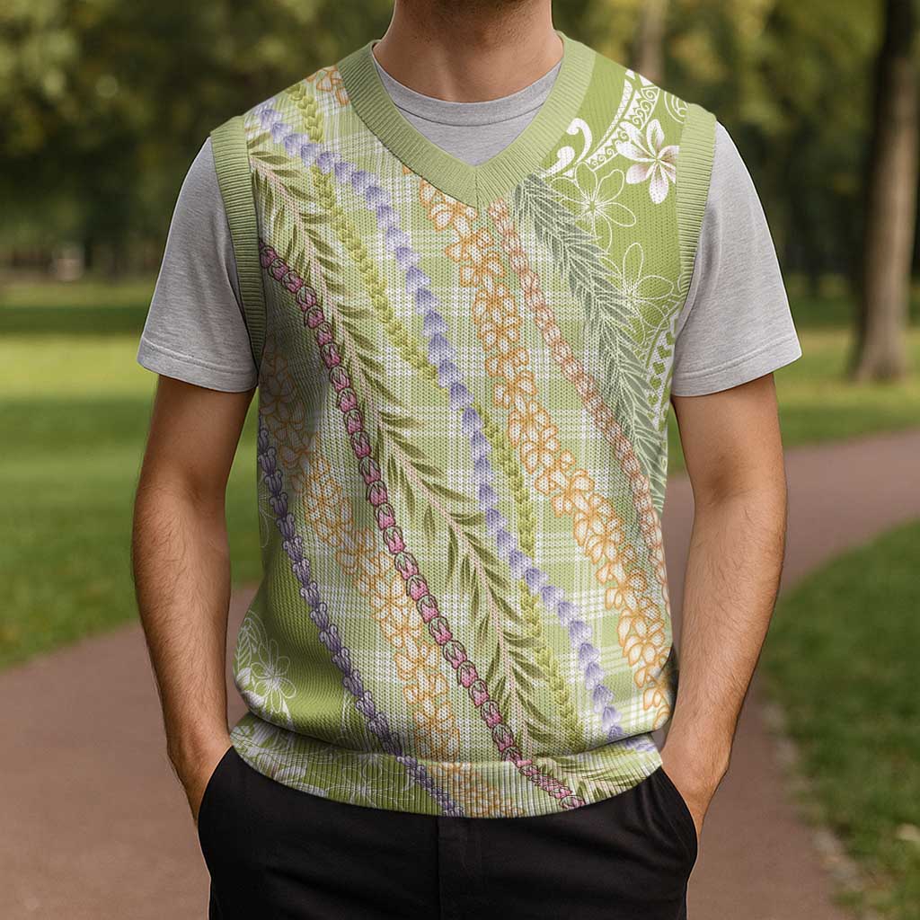 Green Palaka Hawaii Leis Christmas Knitted V-Neck Vest Hawaiian-plaid Elegant Tropical Vibes - Polynesian Pride