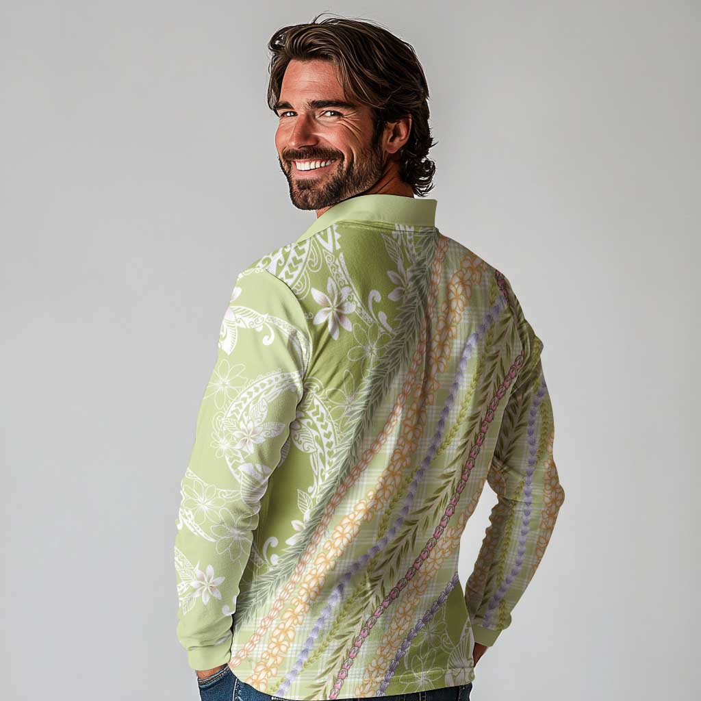 Green Palaka Hawaii Leis Long Sleeve Polo Shirt Hawaiian-plaid Elegant Tropical Vibes - Polynesian Pride
