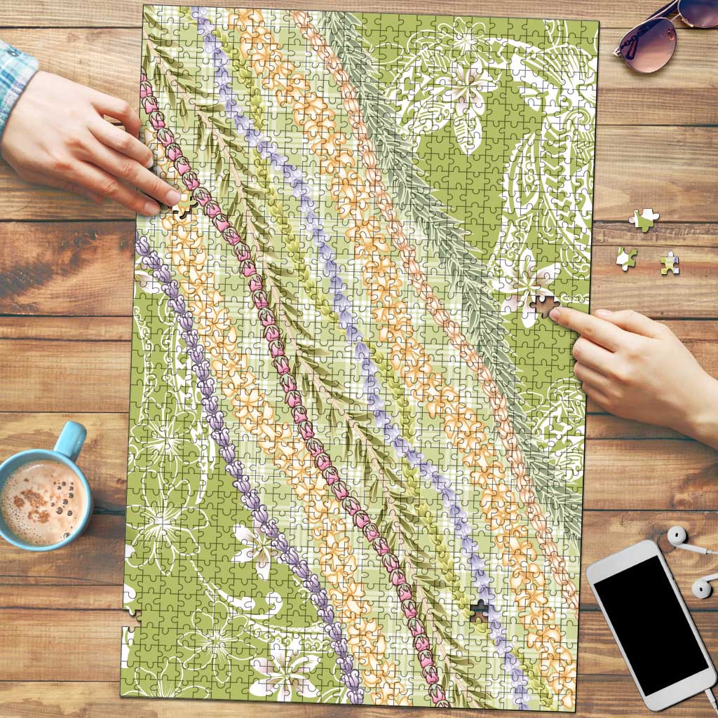 Green Palaka Hawaii Leis Puzzle Hawaiian-plaid Elegant Tropical Vibes - Polynesian Pride