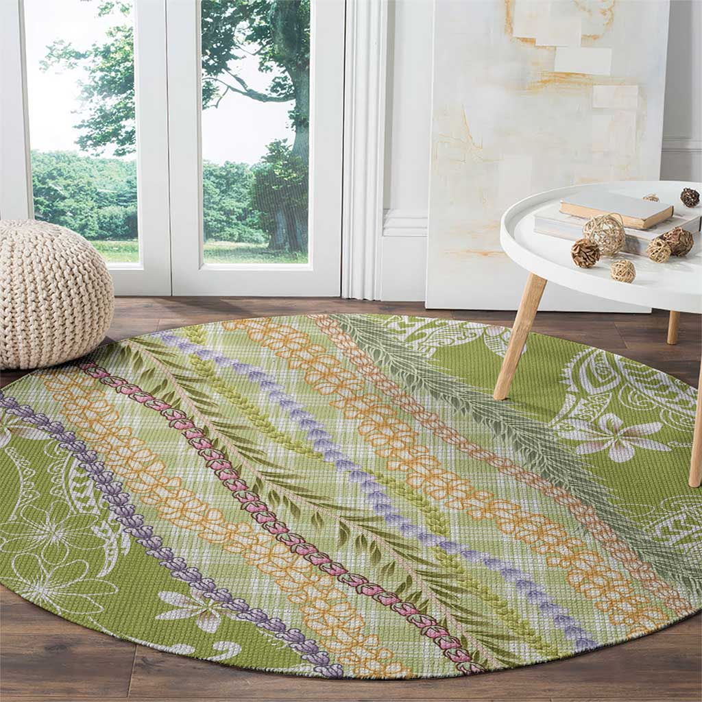 Green Palaka Hawaii Leis Round Carpet Hawaiian-plaid Elegant Tropical Vibes - Polynesian Pride