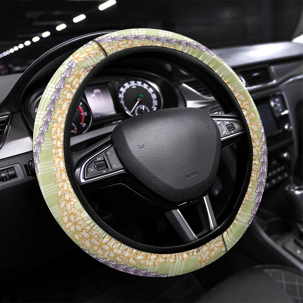 Green Palaka Hawaii Leis Steering Wheel Cover Hawaiian-plaid Elegant Tropical Vibes LT14 Universal Fit Green - Polynesian Pride