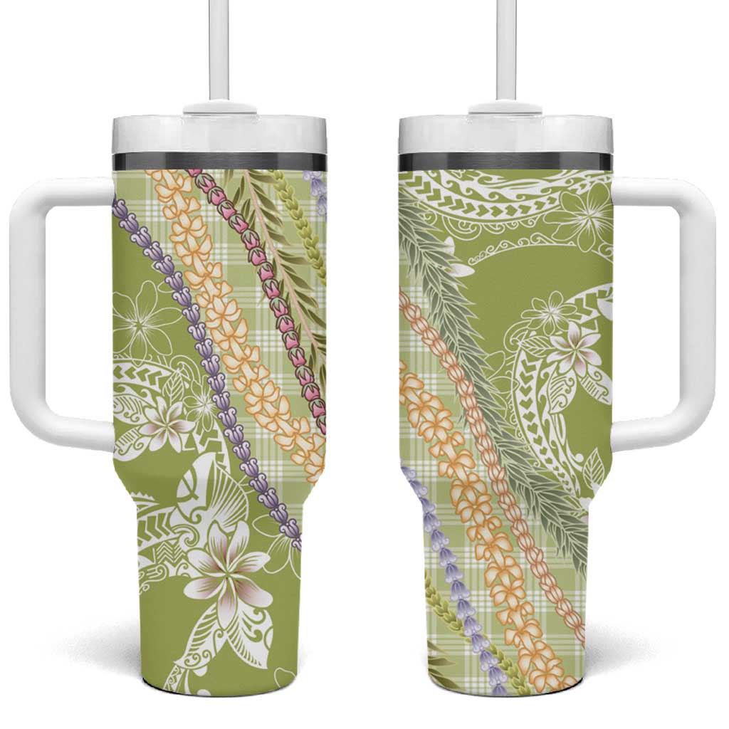 Green Palaka Hawaii Leis Tumbler With Handle Hawaiian-plaid Elegant Tropical Vibes LT14 One Size: 40 oz Green - Polynesian Pride