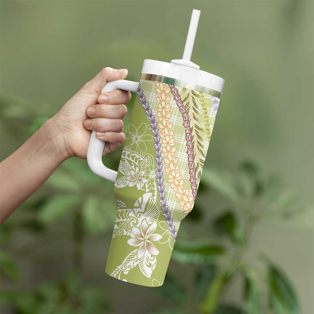 Green Palaka Hawaii Leis Tumbler With Handle Hawaiian-plaid Elegant Tropical Vibes LT14 - Polynesian Pride