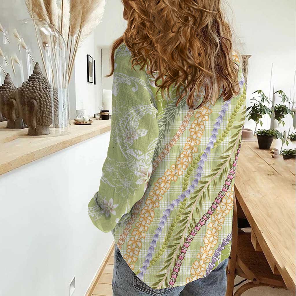 Green Palaka Hawaii Leis Women Casual Shirt Hawaiian-plaid Elegant Tropical Vibes - Polynesian Pride