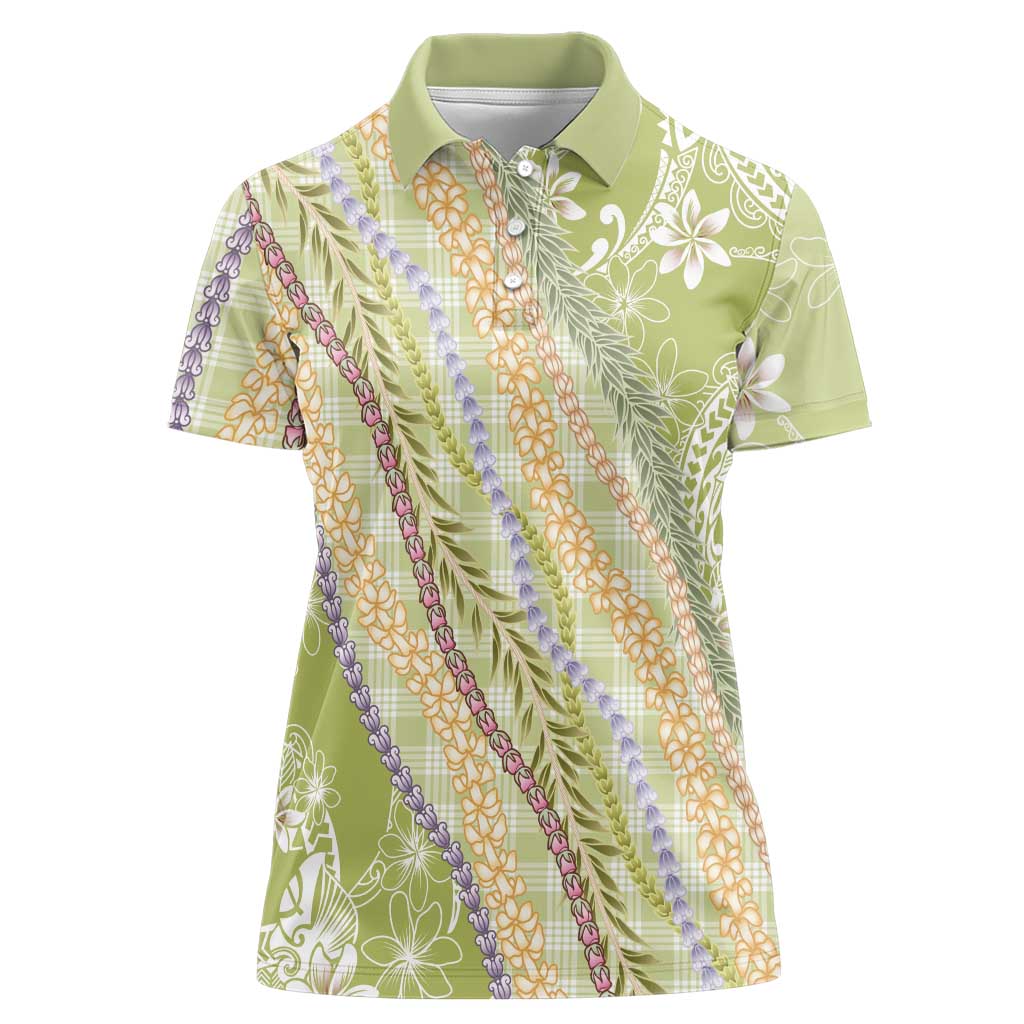 Green Palaka Hawaii Leis Women Polo Shirt Hawaiian-plaid Elegant Tropical Vibes - Polynesian Pride