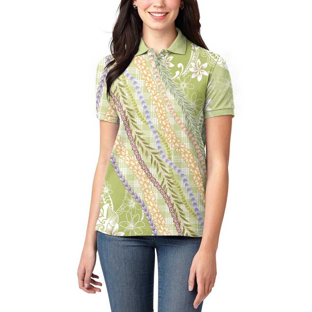 Green Palaka Hawaii Leis Women Polo Shirt Hawaiian-plaid Elegant Tropical Vibes - Polynesian Pride
