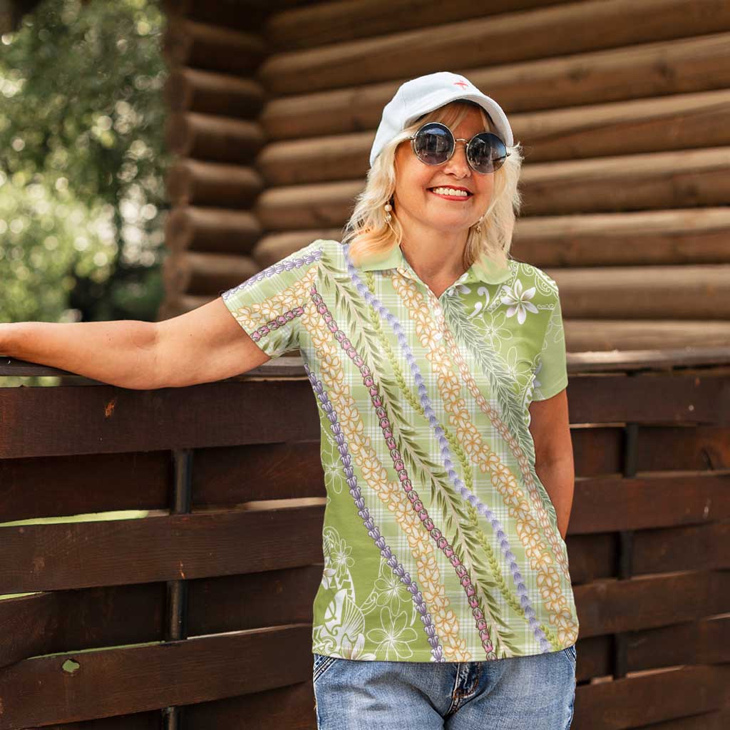 Green Palaka Hawaii Leis Women Polo Shirt Hawaiian-plaid Elegant Tropical Vibes - Polynesian Pride