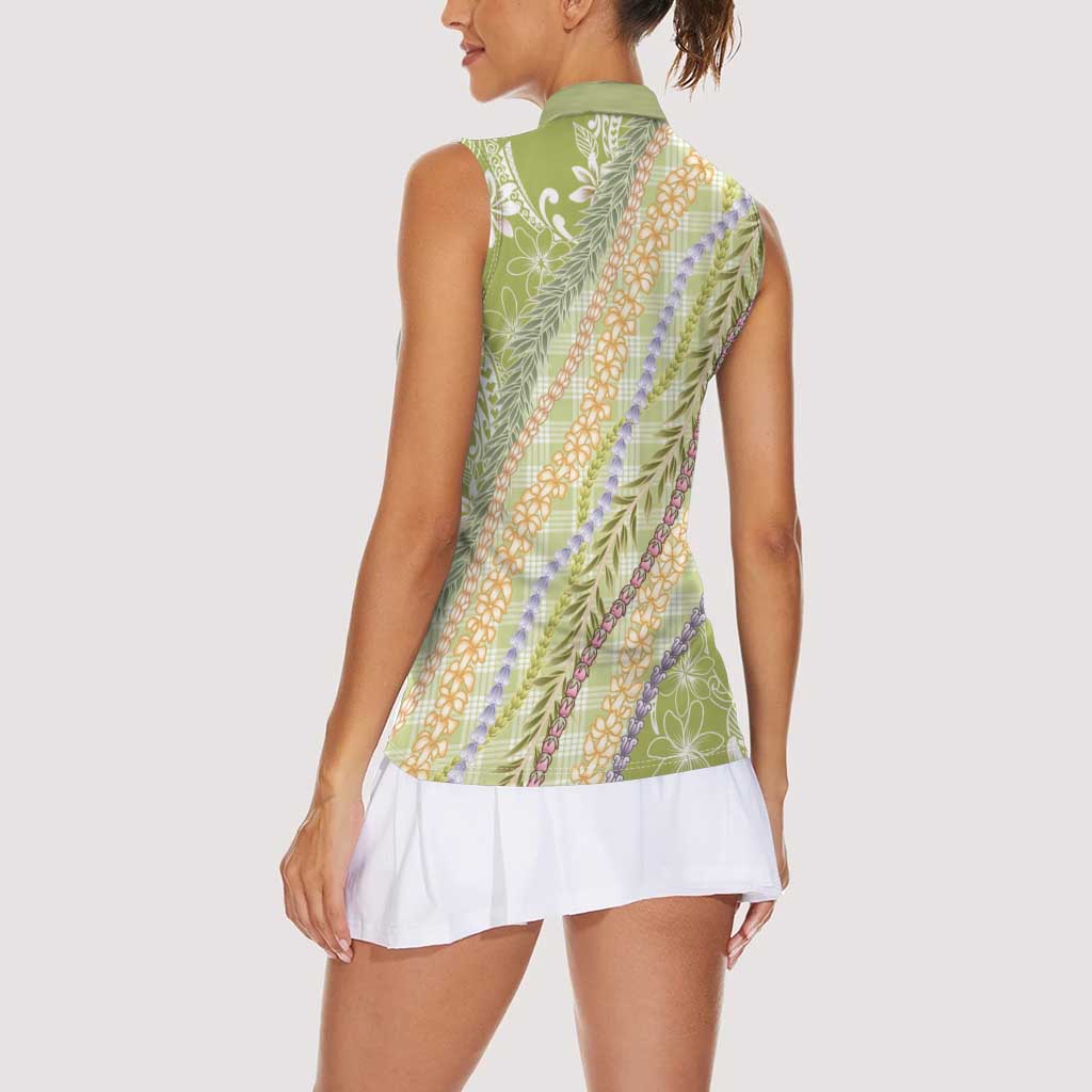 Green Palaka Hawaii Leis Women Sleeveless Polo Shirt Hawaiian-plaid Elegant Tropical Vibes - Polynesian Pride
