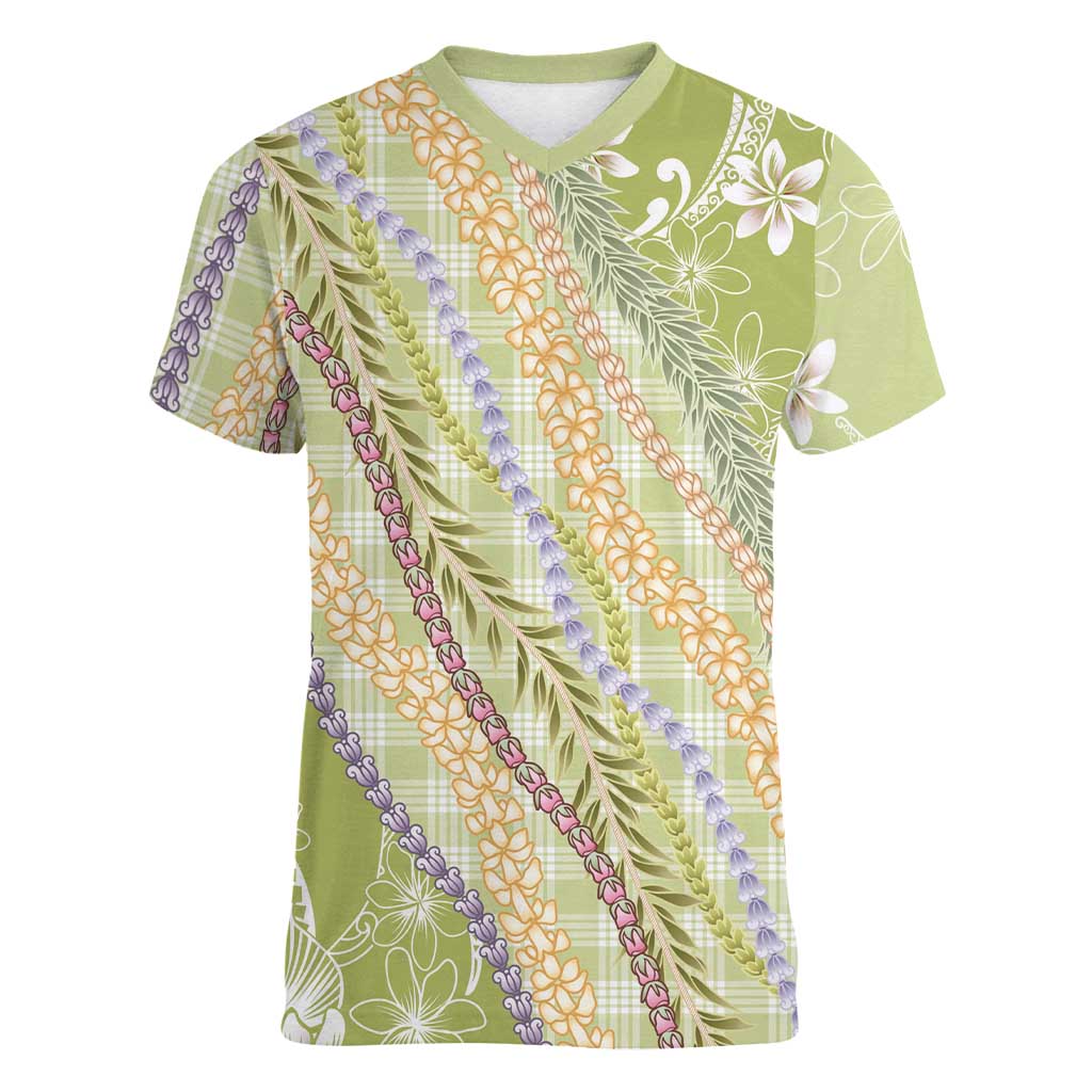 Green Palaka Hawaii Leis Women V-Neck T-Shirt Hawaiian-plaid Elegant Tropical Vibes - Polynesian Pride