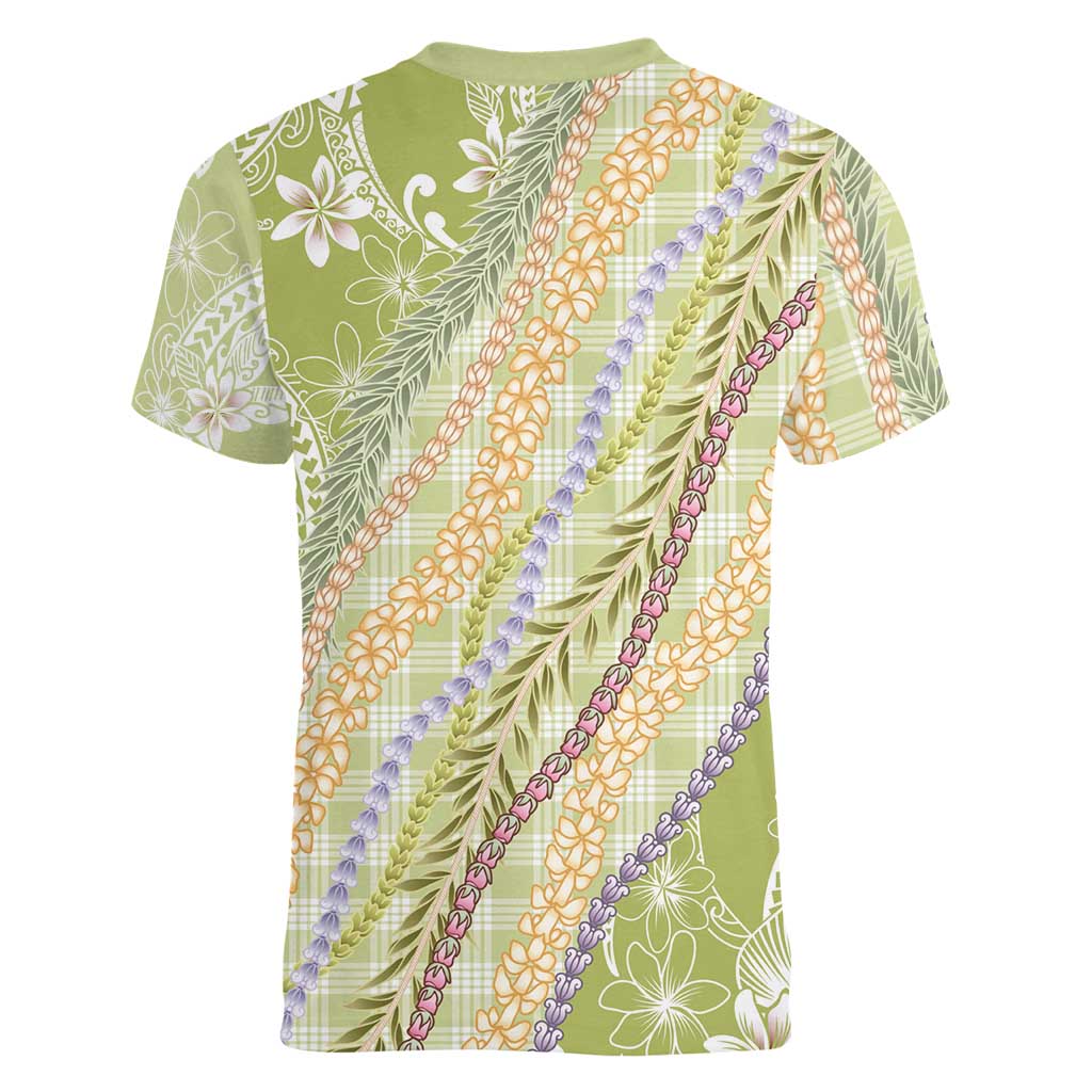 Green Palaka Hawaii Leis Women V-Neck T-Shirt Hawaiian-plaid Elegant Tropical Vibes - Polynesian Pride