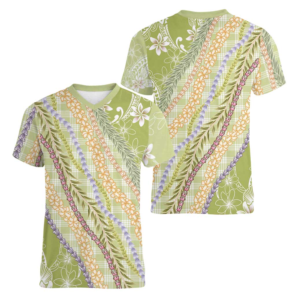 Green Palaka Hawaii Leis Women V-Neck T-Shirt Hawaiian-plaid Elegant Tropical Vibes - Polynesian Pride