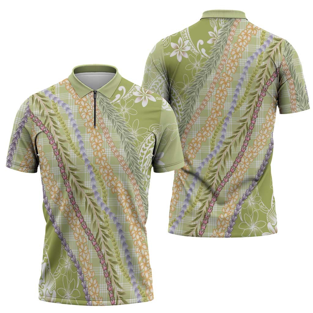 Green Palaka Hawaii Leis Zipper Polo Shirt Hawaiian-plaid Elegant Tropical Vibes - Polynesian Pride