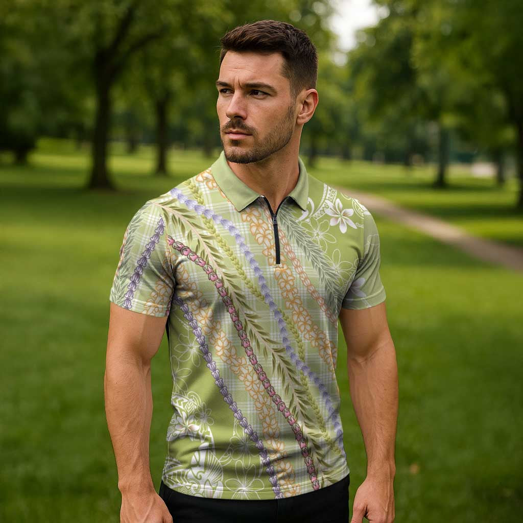 Green Palaka Hawaii Leis Zipper Polo Shirt Hawaiian-plaid Elegant Tropical Vibes - Polynesian Pride