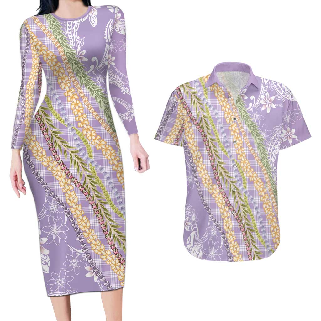 Purple Palaka Hawaii Leis Couples Matching Long Sleeve Bodycon Dress and Hawaiian Shirt Hawaiian-plaid Elegant Tropical Vibes - Polynesian Pride