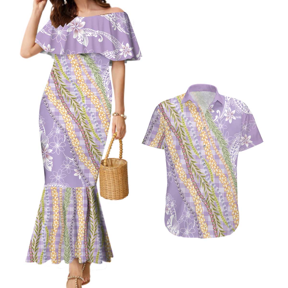 Purple Palaka Hawaii Leis Couples Matching Mermaid Dress and Hawaiian Shirt Hawaiian-plaid Elegant Tropical Vibes LT14 Purple - Polynesian Pride