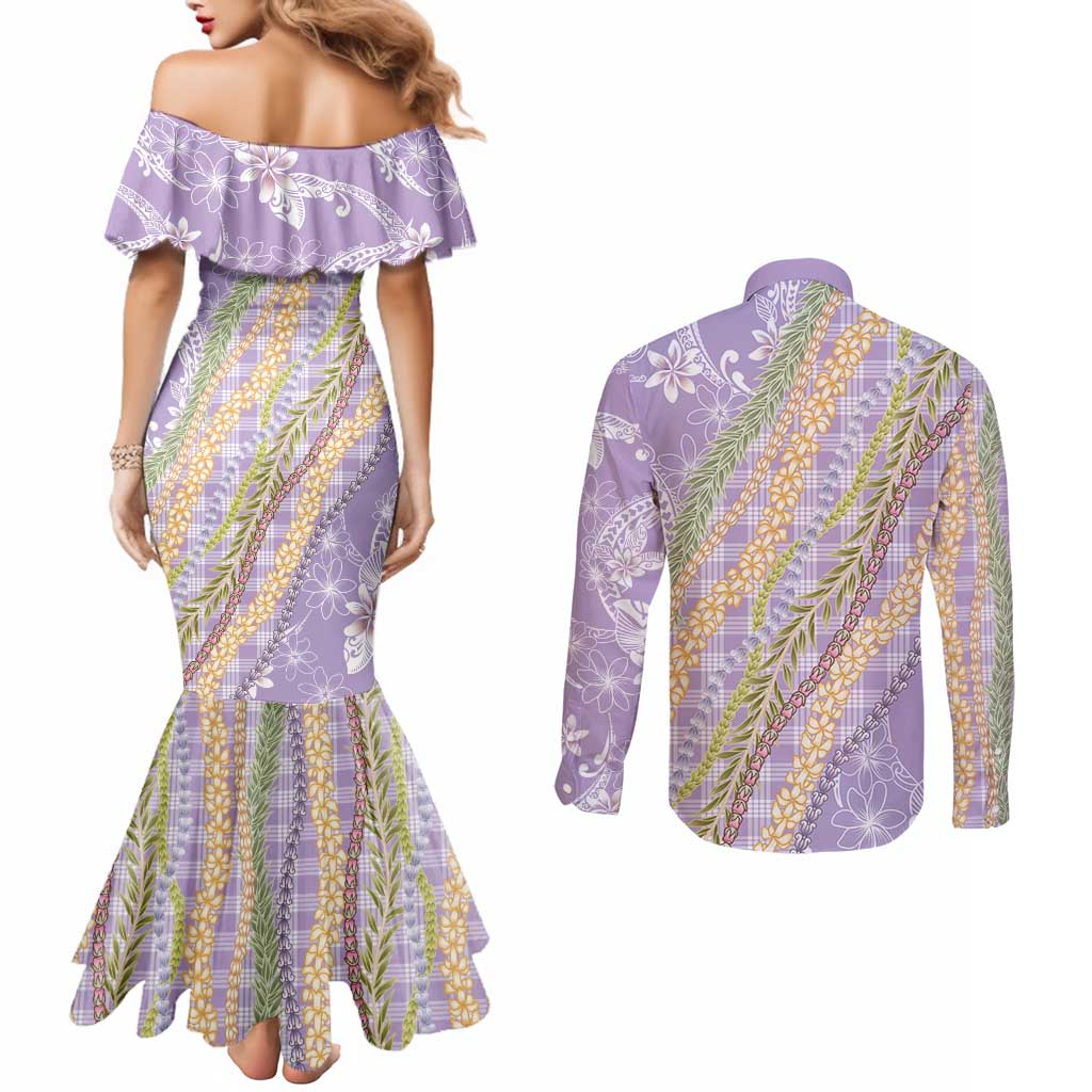 Purple Palaka Hawaii Leis Couples Matching Mermaid Dress and Long Sleeve Button Shirt Hawaiian-plaid Elegant Tropical Vibes - Polynesian Pride