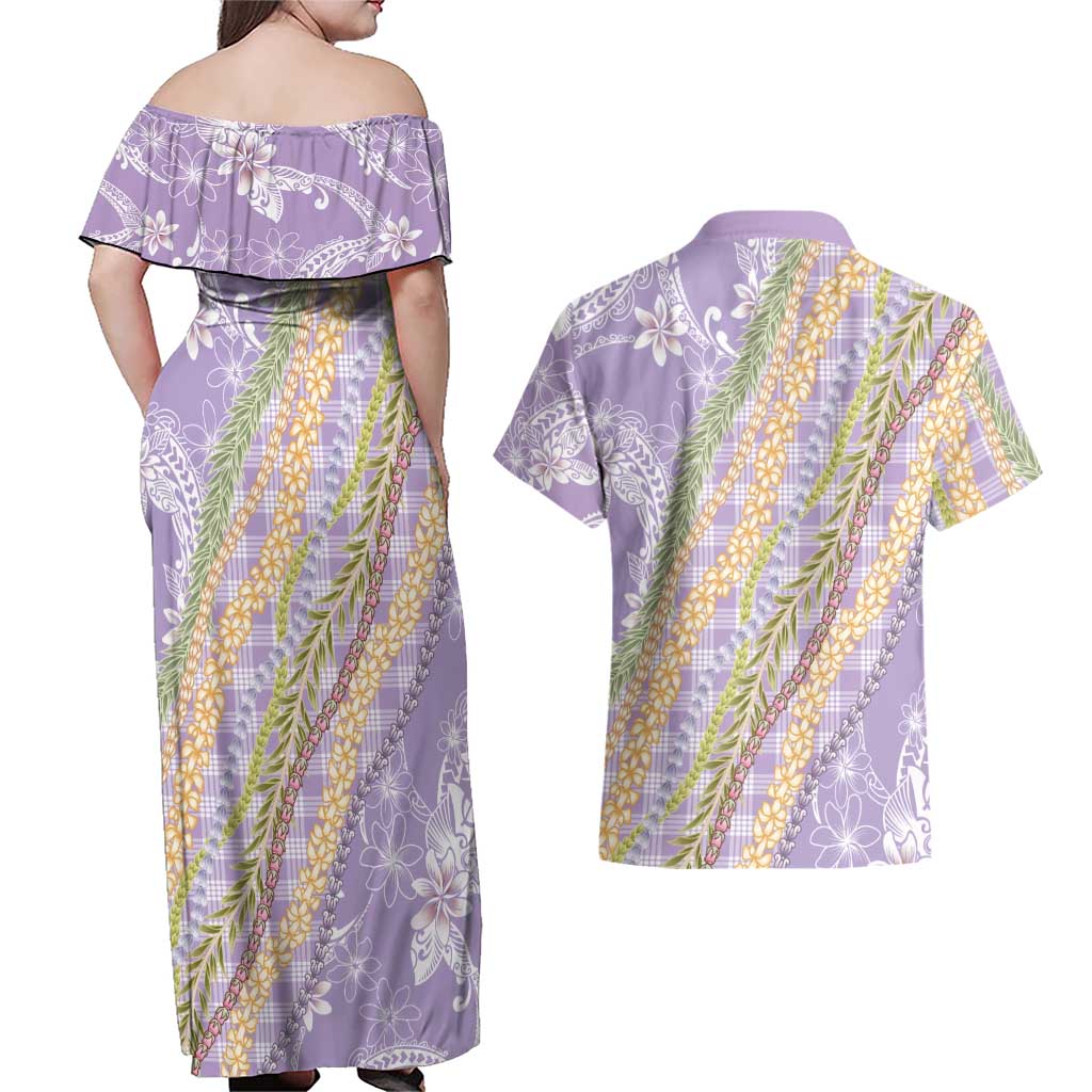 Purple Palaka Hawaii Leis Couples Matching Off Shoulder Maxi Dress and Hawaiian Shirt Hawaiian-plaid Elegant Tropical Vibes - Polynesian Pride