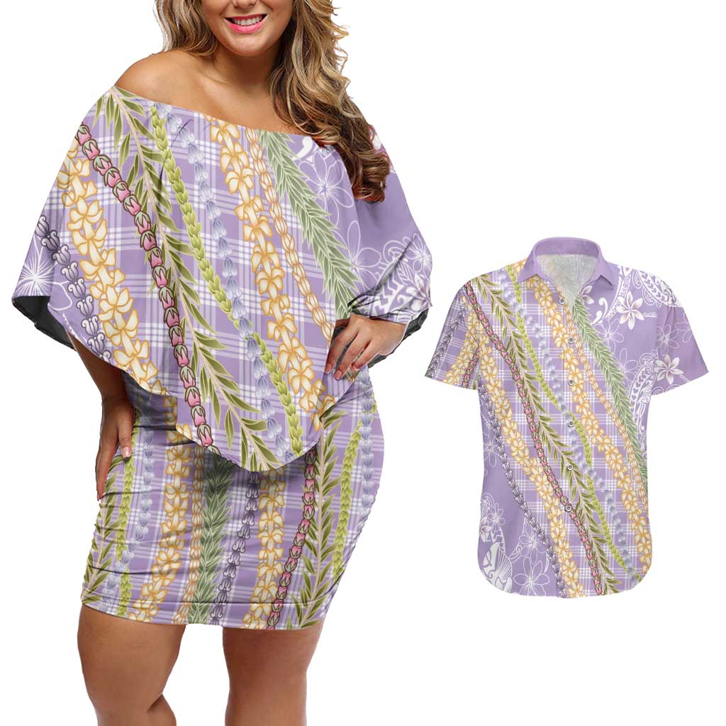 Purple Palaka Hawaii Leis Couples Matching Off Shoulder Short Dress and Hawaiian Shirt Hawaiian-plaid Elegant Tropical Vibes - Polynesian Pride