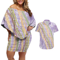 Purple Palaka Hawaii Leis Couples Matching Off Shoulder Short Dress and Hawaiian Shirt Hawaiian-plaid Elegant Tropical Vibes - Polynesian Pride