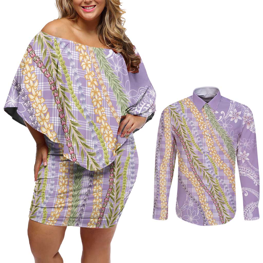 Purple Palaka Hawaii Leis Couples Matching Off Shoulder Short Dress and Long Sleeve Button Shirt Hawaiian-plaid Elegant Tropical Vibes LT14 Purple - Polynesian Pride