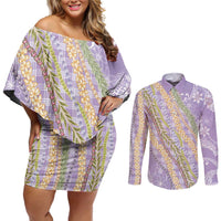Purple Palaka Hawaii Leis Couples Matching Off Shoulder Short Dress and Long Sleeve Button Shirt Hawaiian-plaid Elegant Tropical Vibes LT14 Purple - Polynesian Pride