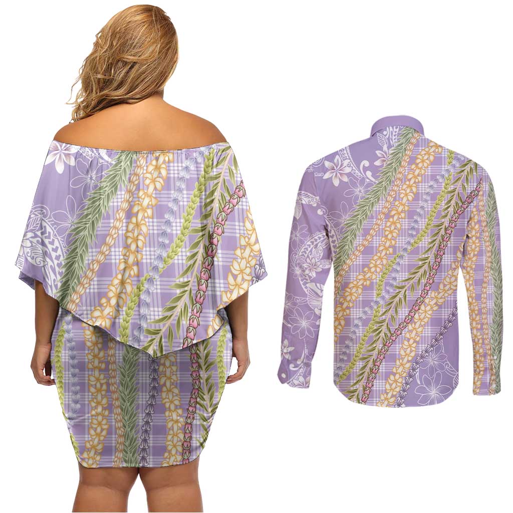 Purple Palaka Hawaii Leis Couples Matching Off Shoulder Short Dress and Long Sleeve Button Shirt Hawaiian-plaid Elegant Tropical Vibes LT14 - Polynesian Pride