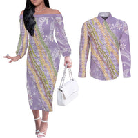 Purple Palaka Hawaii Leis Couples Matching Off The Shoulder Long Sleeve Dress and Long Sleeve Button Shirt Hawaiian-plaid Elegant Tropical Vibes LT14 Purple - Polynesian Pride