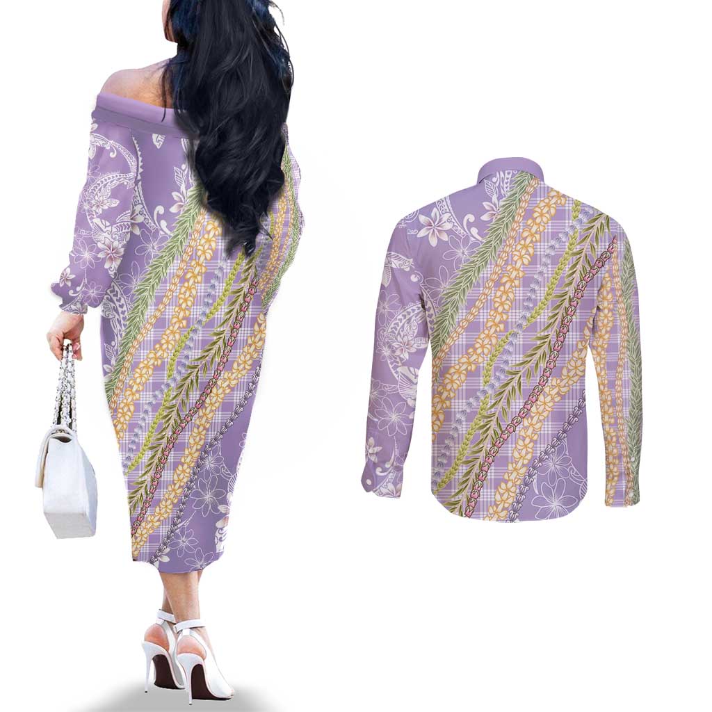Purple Palaka Hawaii Leis Couples Matching Off The Shoulder Long Sleeve Dress and Long Sleeve Button Shirt Hawaiian-plaid Elegant Tropical Vibes LT14 - Polynesian Pride