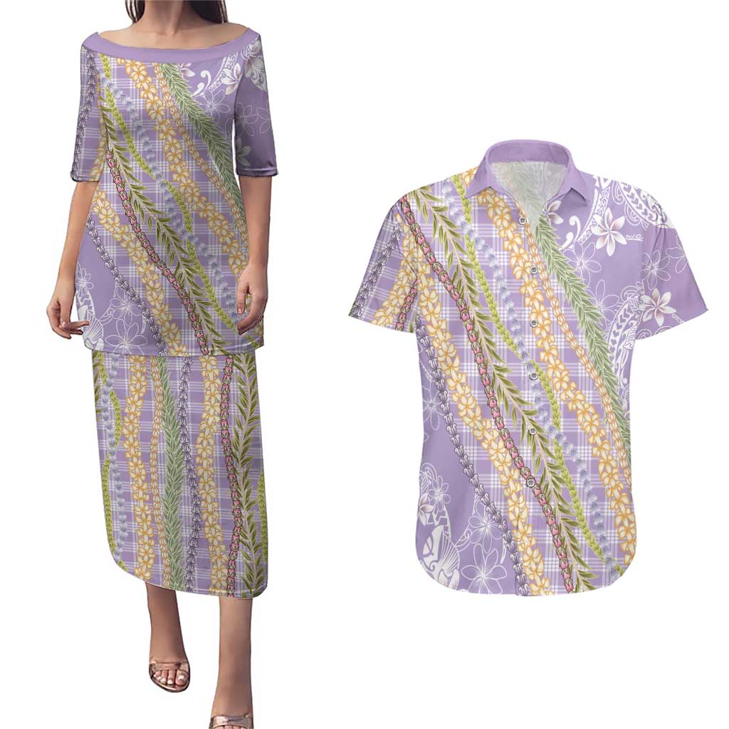 Purple Palaka Hawaii Leis Couples Matching Puletasi and Hawaiian Shirt Hawaiian-plaid Elegant Tropical Vibes - Polynesian Pride