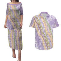 Purple Palaka Hawaii Leis Couples Matching Puletasi and Hawaiian Shirt Hawaiian-plaid Elegant Tropical Vibes - Polynesian Pride