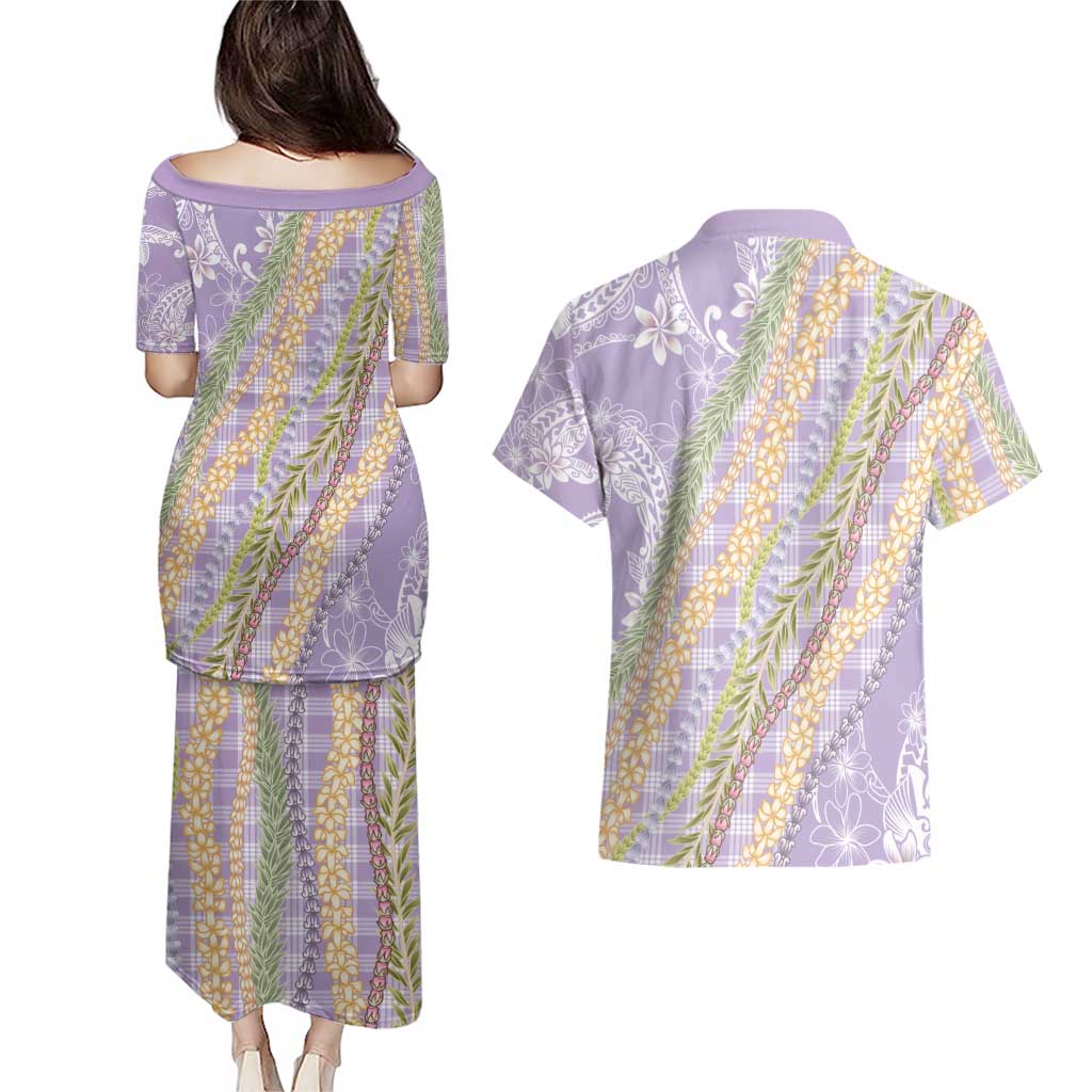 Purple Palaka Hawaii Leis Couples Matching Puletasi and Hawaiian Shirt Hawaiian-plaid Elegant Tropical Vibes - Polynesian Pride