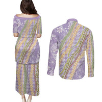 Purple Palaka Hawaii Leis Couples Matching Puletasi and Long Sleeve Button Shirt Hawaiian-plaid Elegant Tropical Vibes - Polynesian Pride