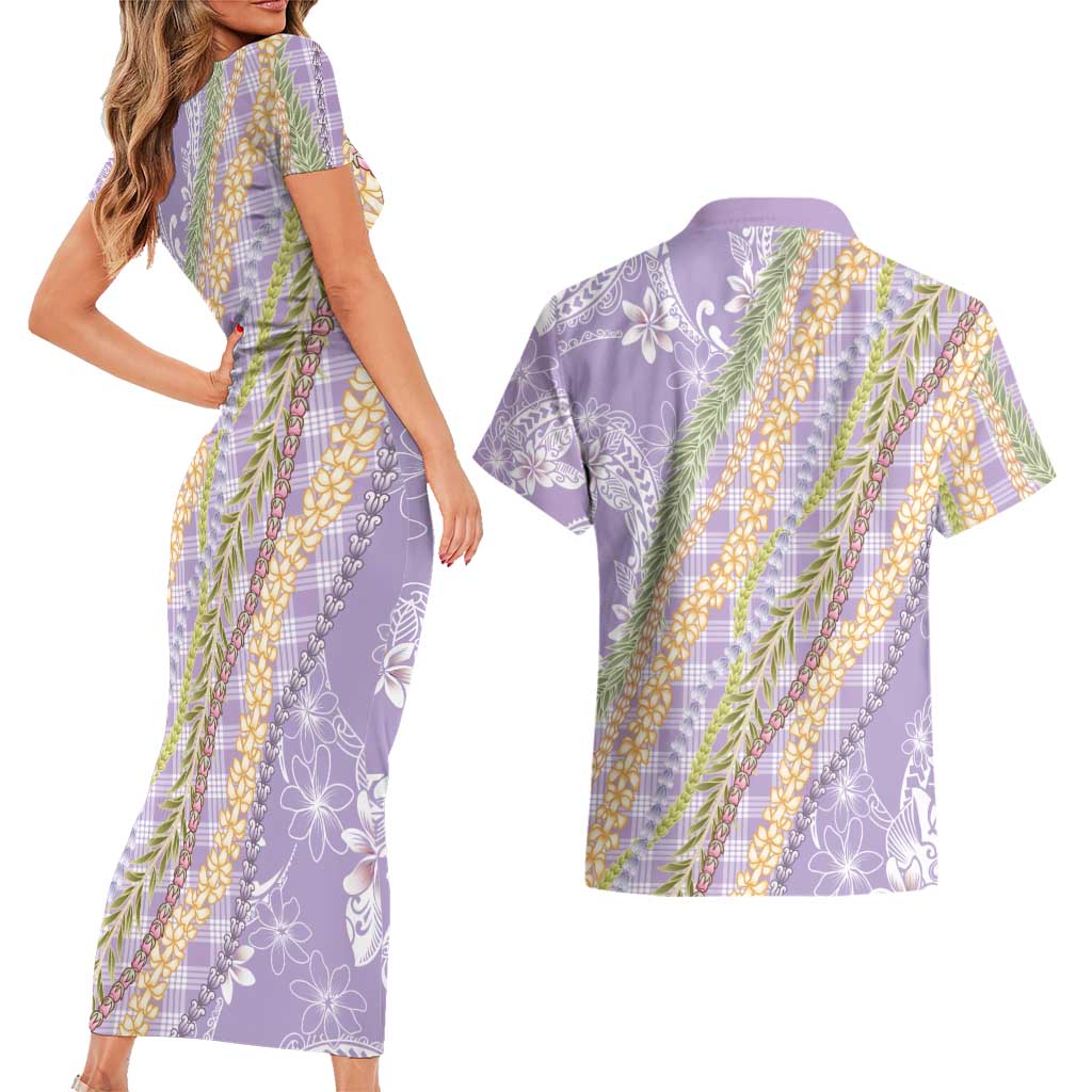 Purple Palaka Hawaii Leis Couples Matching Short Sleeve Bodycon Dress and Hawaiian Shirt Hawaiian-plaid Elegant Tropical Vibes LT14 - Polynesian Pride