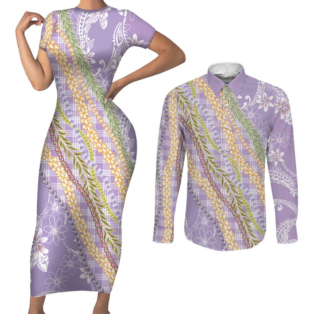 Purple Palaka Hawaii Leis Couples Matching Short Sleeve Bodycon Dress and Long Sleeve Button Shirt Hawaiian-plaid Elegant Tropical Vibes - Polynesian Pride