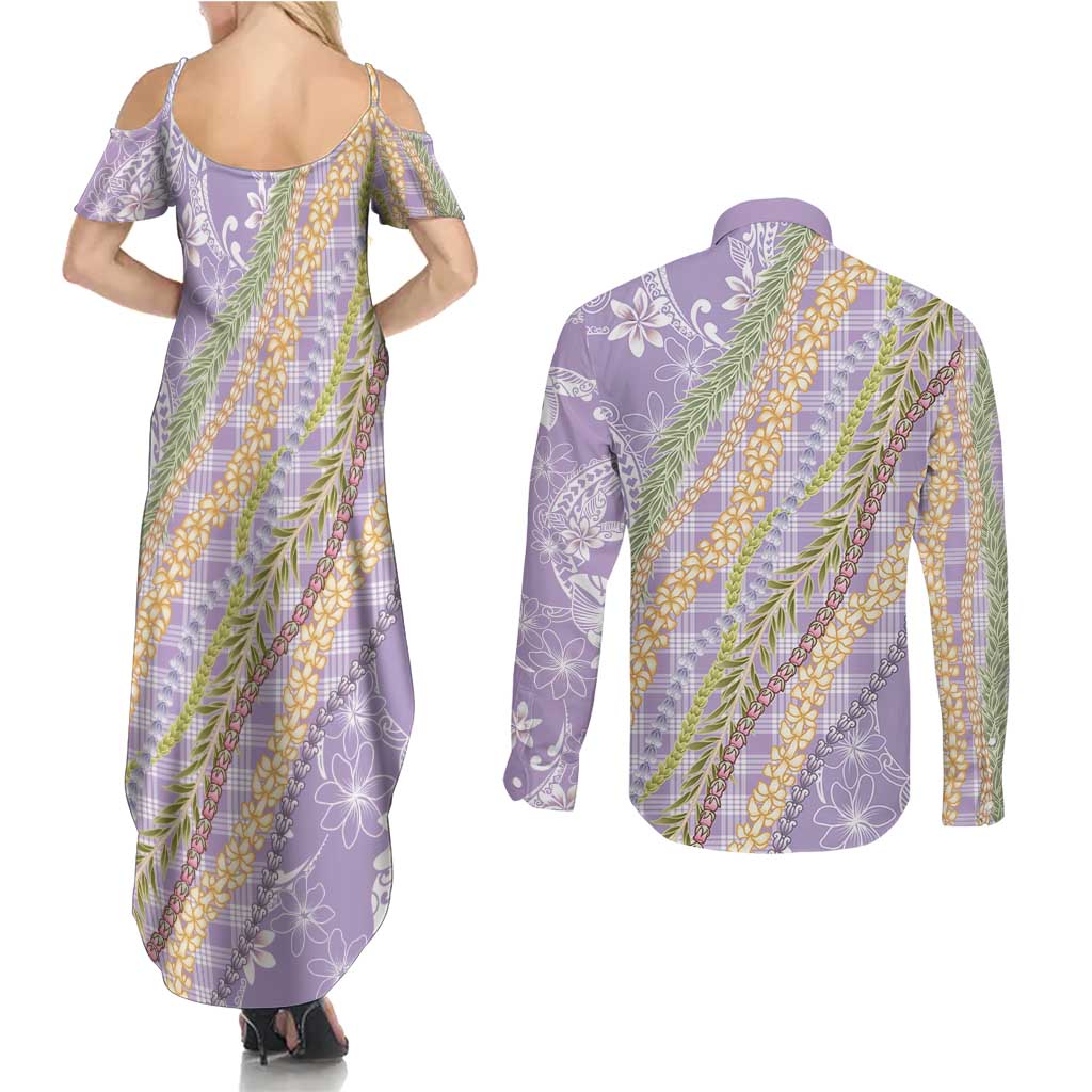Purple Palaka Hawaii Leis Couples Matching Summer Maxi Dress and Long Sleeve Button Shirt Hawaiian-plaid Elegant Tropical Vibes - Polynesian Pride