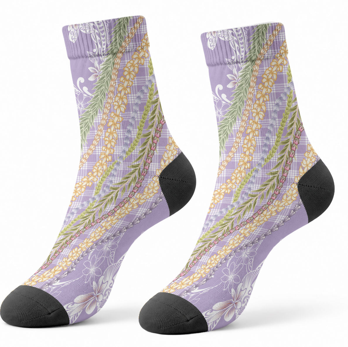 Purple Palaka Hawaii Leis Crew Socks Hawaiian-plaid Elegant Tropical Vibes LT14 - Polynesian Pride
